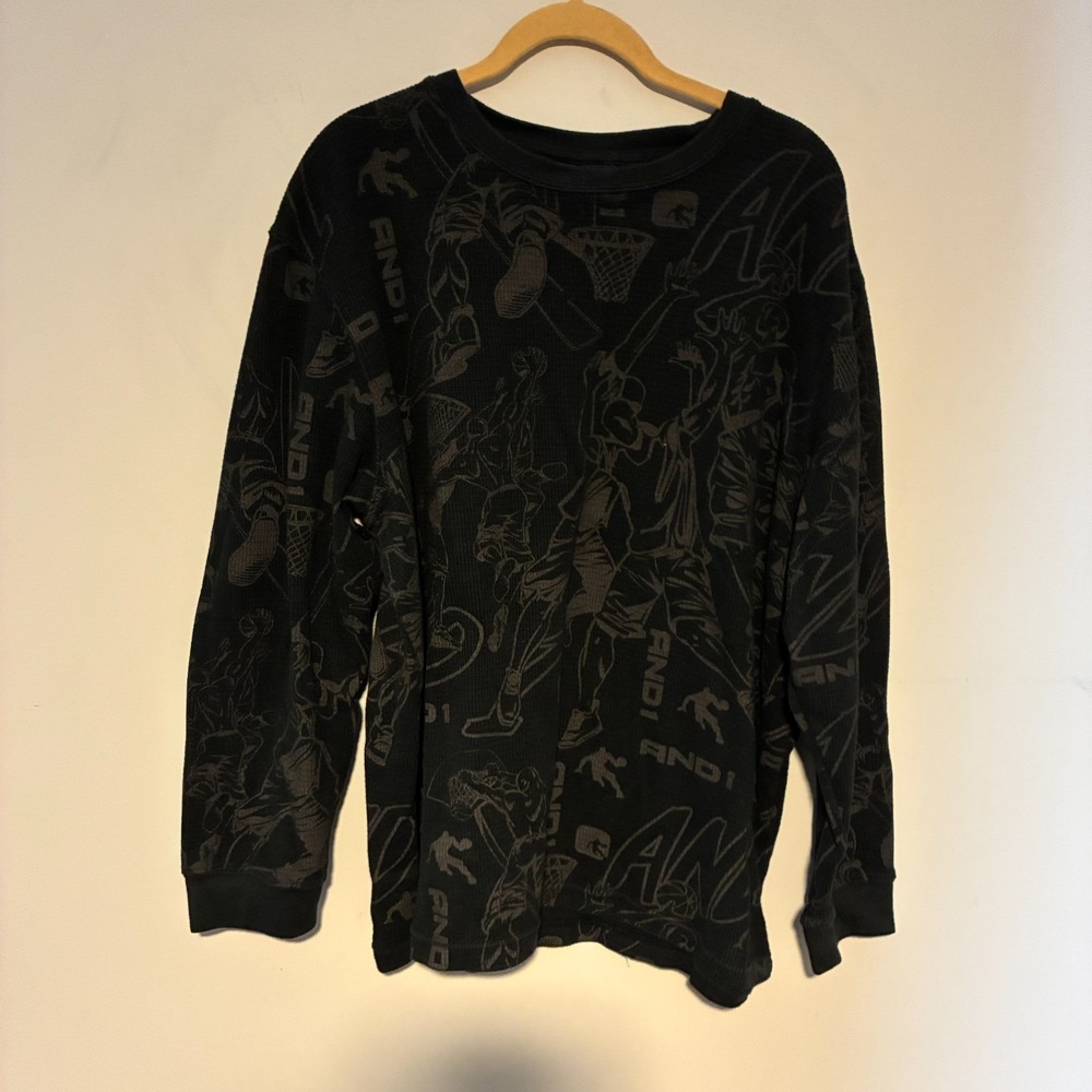 AND1 Basketball Tonal Print Thermal Long Sleeve Shirt Mens XL Y2K Waffle